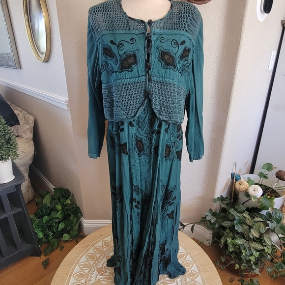 Libaas Teal Embroidered Maxi Dress with Jacket Sz L - Picture 1 of 10
